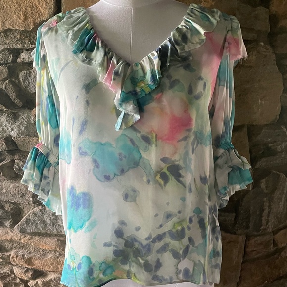 Go> by GoSilk Watercolor Ruffled Blouse - Picture 2 of 3